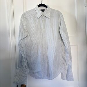 Club Monaco Mens Striped Shirt Medium White Blue Button Down Long Sleeve Cotton